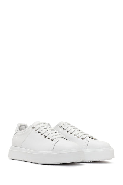 Erkek Beyaz Bağcıklı Kalın Tabanlı Deri Sneaker