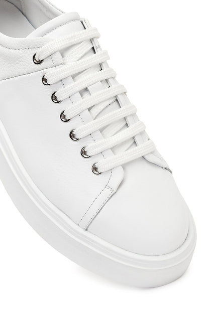 Erkek Beyaz Bağcıklı Kalın Tabanlı Deri Sneaker