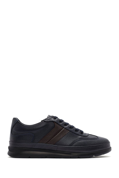 Erkek Lacivert Bağcıklı Deri Casual Sneaker
