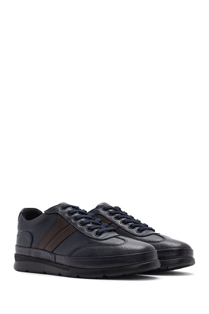 Erkek Lacivert Bağcıklı Deri Casual Sneaker