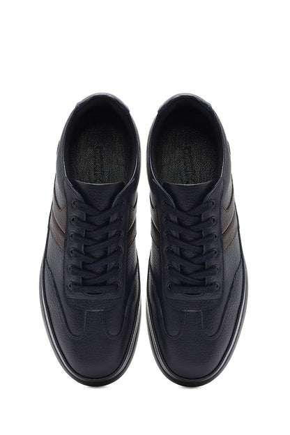 Erkek Lacivert Bağcıklı Deri Casual Sneaker