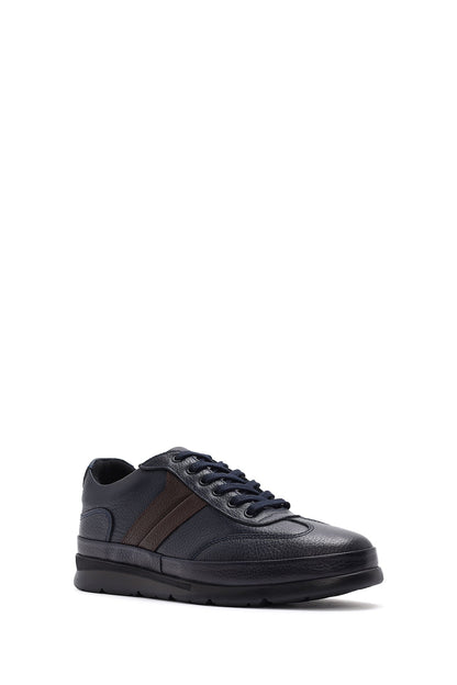 Erkek Lacivert Bağcıklı Deri Casual Sneaker