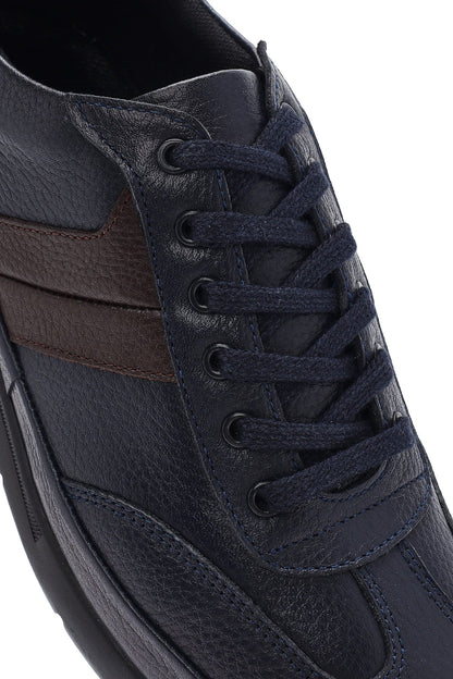 Erkek Lacivert Bağcıklı Deri Casual Sneaker