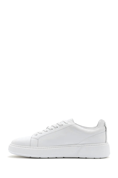 Erkek Beyaz Bağcıklı Kalın Tabanlı Deri Sneaker