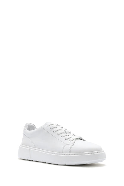 Erkek Beyaz Bağcıklı Kalın Tabanlı Deri Sneaker