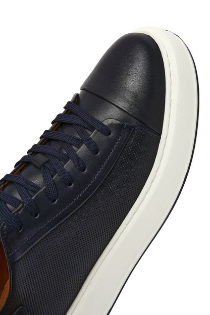 Erkek Lacivert Bağcıklı Kalın Tabanlı Deri Sneaker