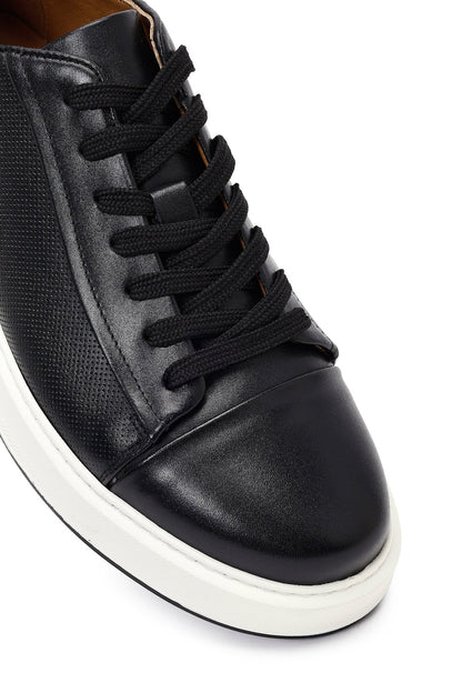 Erkek Siyah Bağcıklı Kalın Tabanlı Deri Sneaker