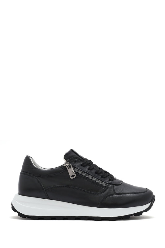 Kadın Bej Bağcıklı Yandan Fermuarlı Deri Sneaker