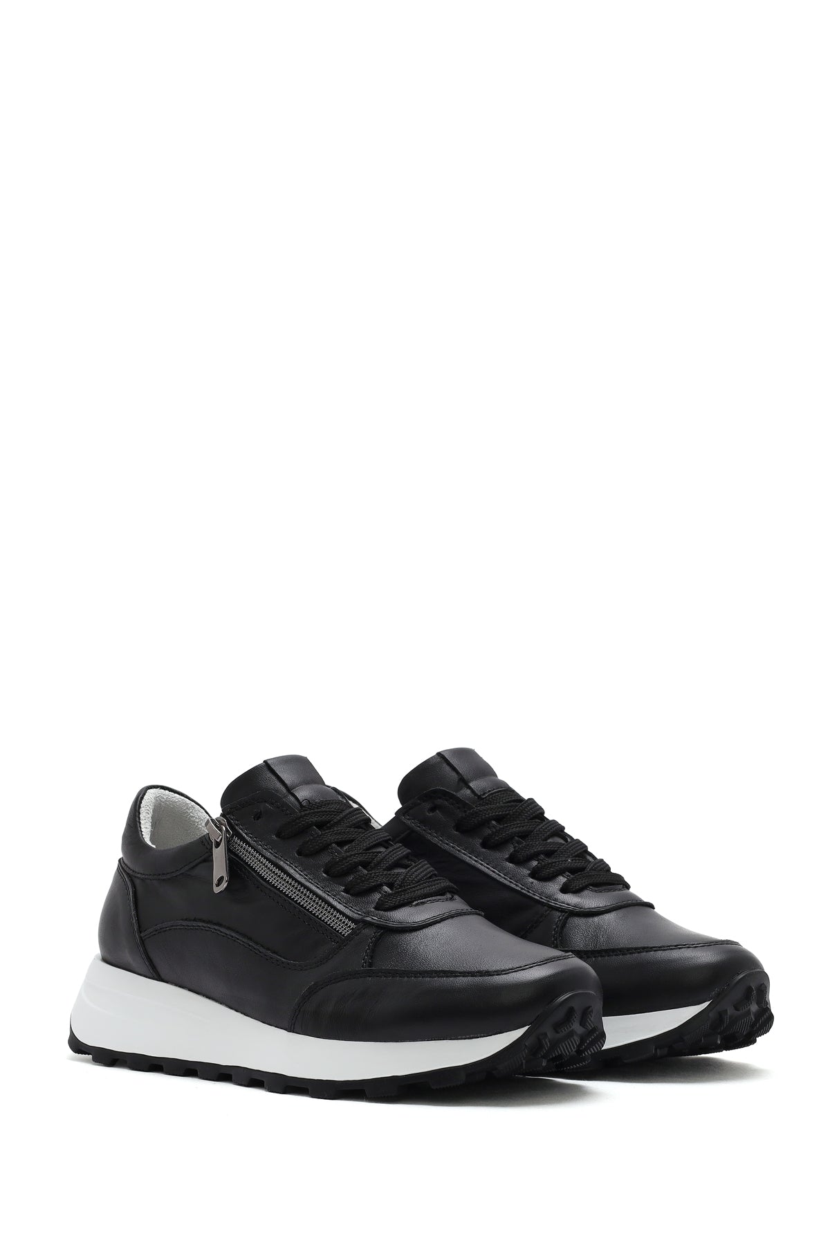 Kadın Bej Bağcıklı Yandan Fermuarlı Deri Sneaker