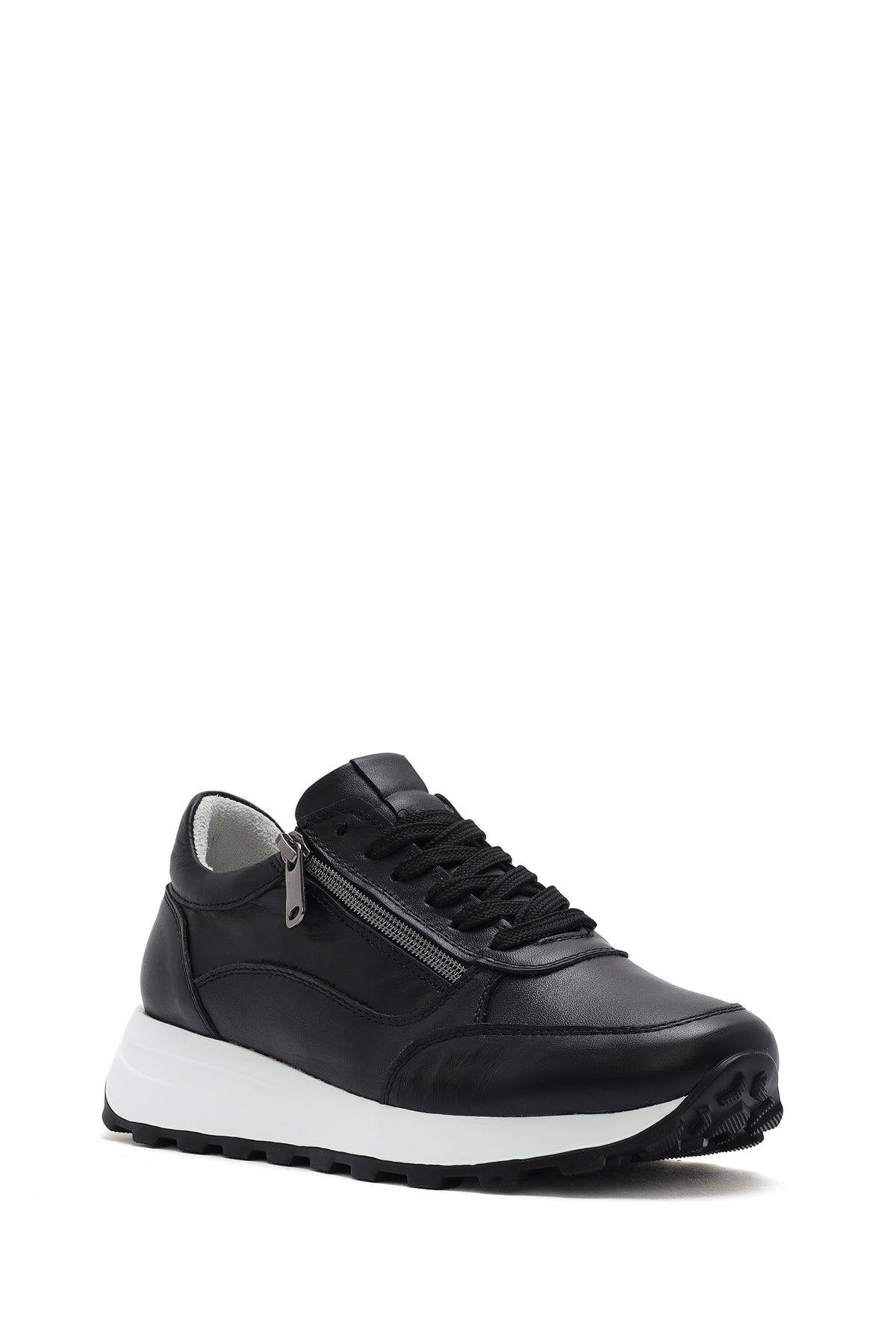 Kadın Bej Bağcıklı Yandan Fermuarlı Deri Sneaker