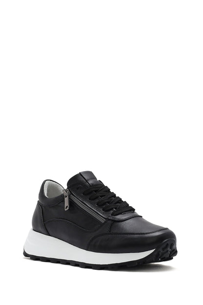 Kadın Bej Bağcıklı Yandan Fermuarlı Deri Sneaker