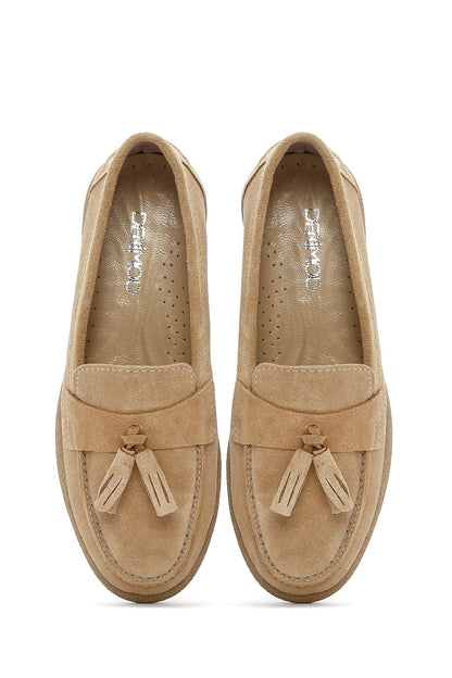 Kadın Bej Süet Deri Konfor Loafer