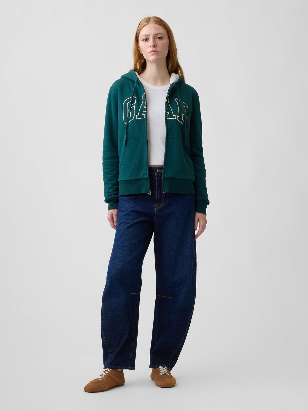 Koyu Yeşil Relaxed Gap Logo Sherpa-astarlı Fermuarlı Sweatshirt
