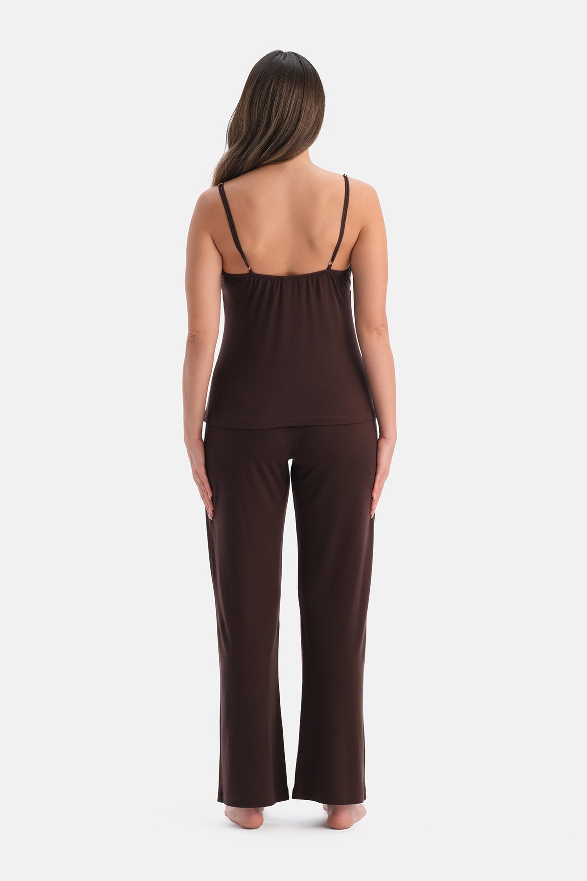 Kahverengi Yanı Tül Detaylı Basic Pantolon