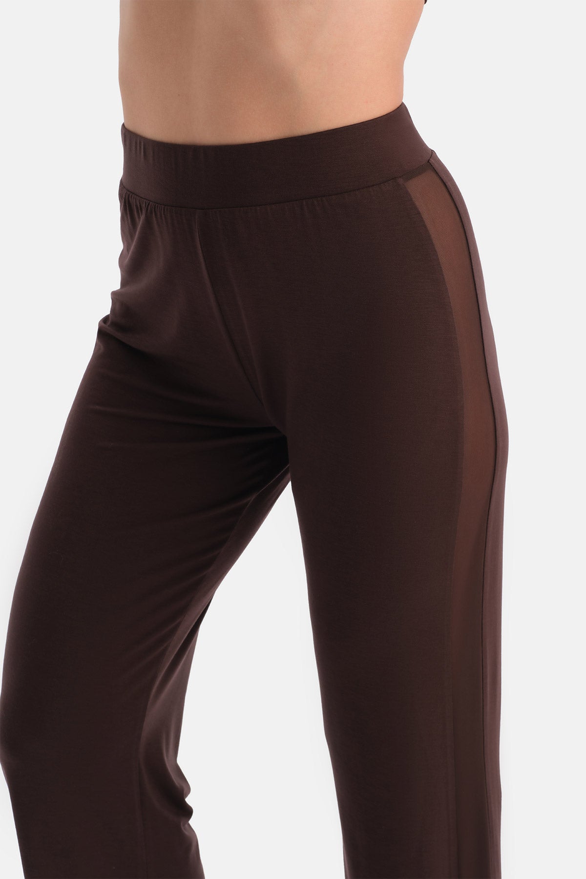 Kahverengi Yanı Tül Detaylı Basic Pantolon