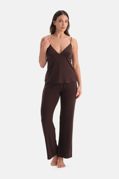 Kahverengi Yanı Tül Detaylı Basic Pantolon