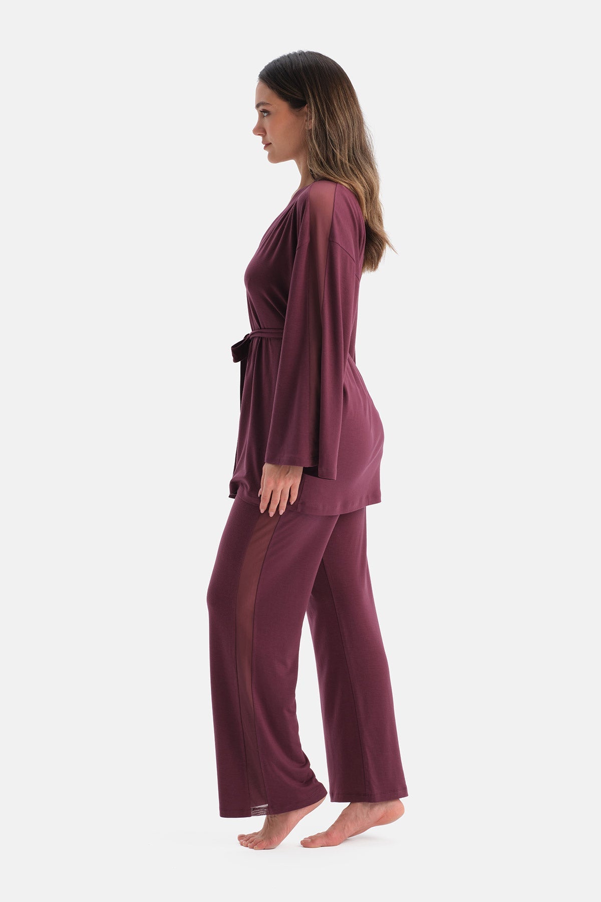 Bordo Yanı Tül Detaylı Basic Sabahlık