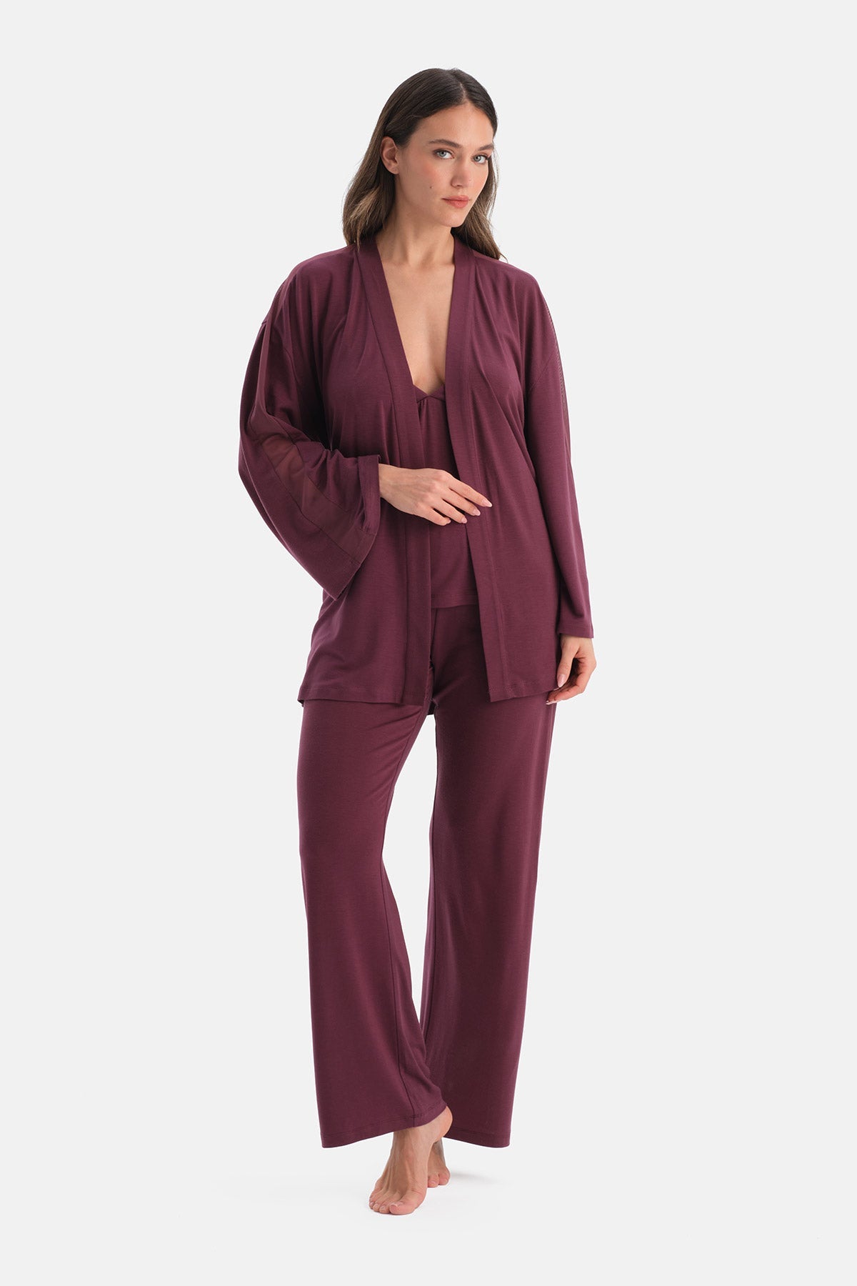 Bordo Yanı Tül Detaylı Basic Sabahlık