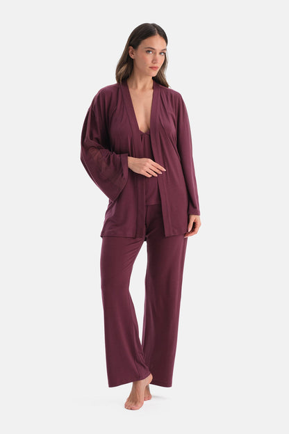 Bordo Yanı Tül Detaylı Basic Sabahlık
