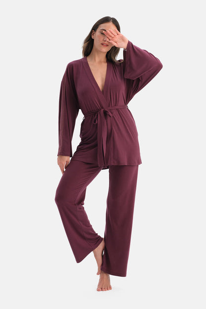 Bordo Yanı Tül Detaylı Basic Sabahlık