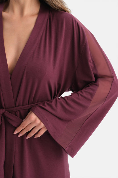 Bordo Yanı Tül Detaylı Basic Sabahlık