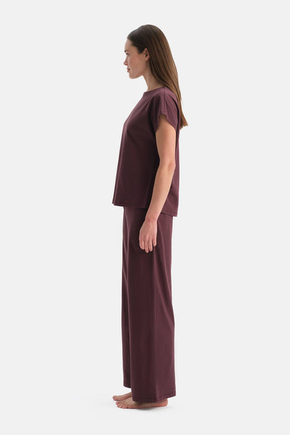 Mürdüm Kayık Yaka Kısa Kollu Tişört Pantolon Takım