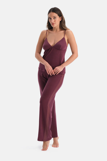 Bordo Yanı Tül Detaylı Basic Pantolon