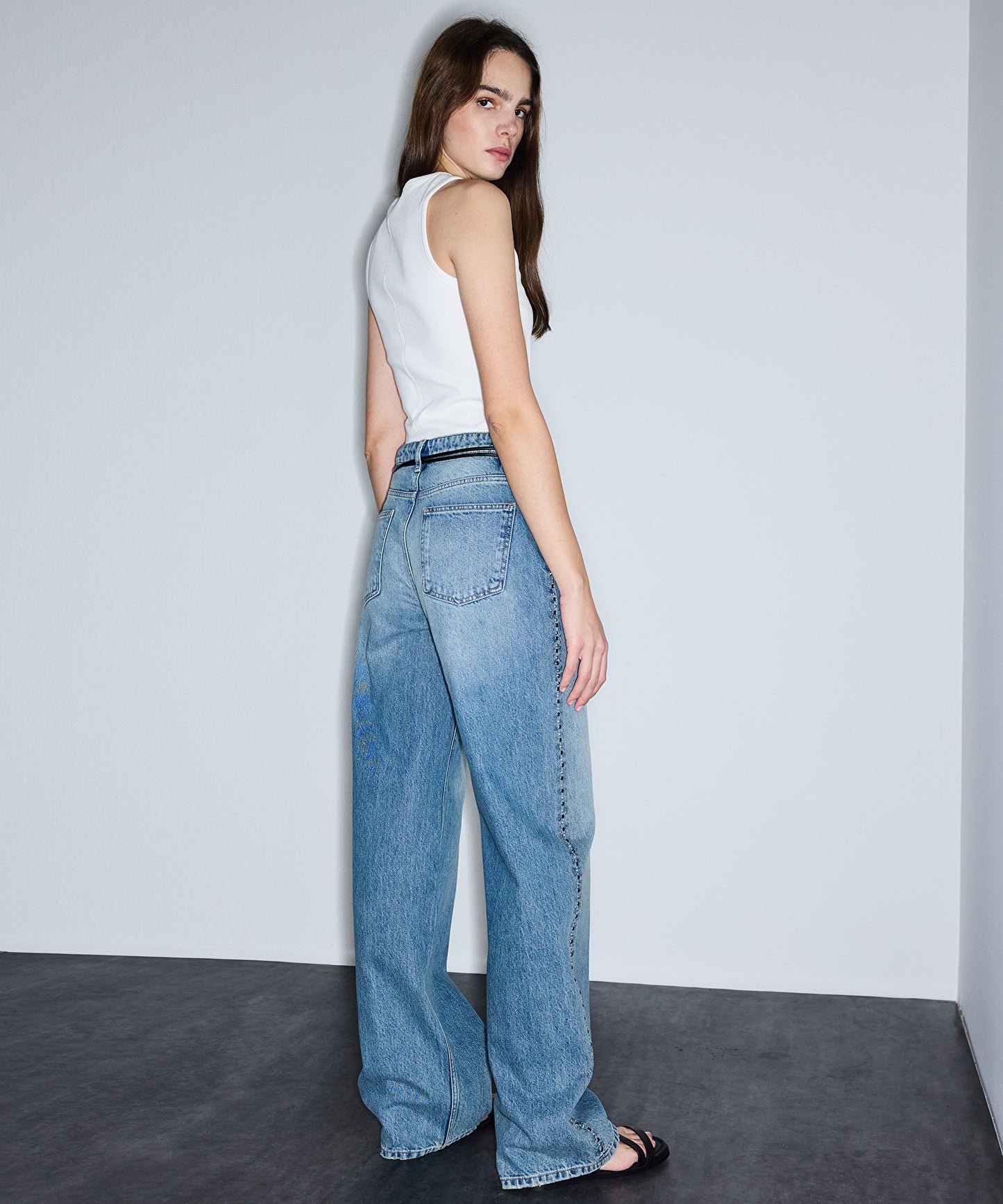Trok Baskılı Wide Leg Jean Pantolon