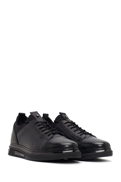 Erkek Siyah Bağcıklı Kalın Tabanlı Deri Sneaker