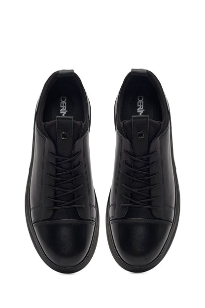 Erkek Siyah Bağcıklı Kalın Tabanlı Deri Sneaker