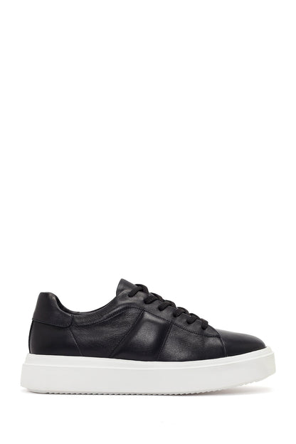 Erkek Siyah Bağcıklı Kalın Tabanlı Deri Sneaker