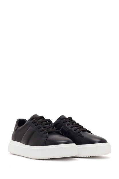 Erkek Siyah Bağcıklı Kalın Tabanlı Deri Sneaker