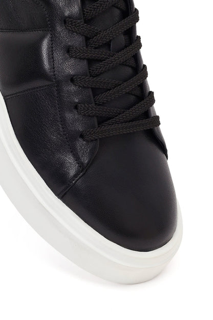 Erkek Siyah Bağcıklı Kalın Tabanlı Deri Sneaker