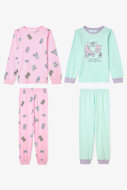 Kız Çocuk Retro Oyuncak Desenli Pamuklu Uzun Kollu 2'li Pijama Takımı