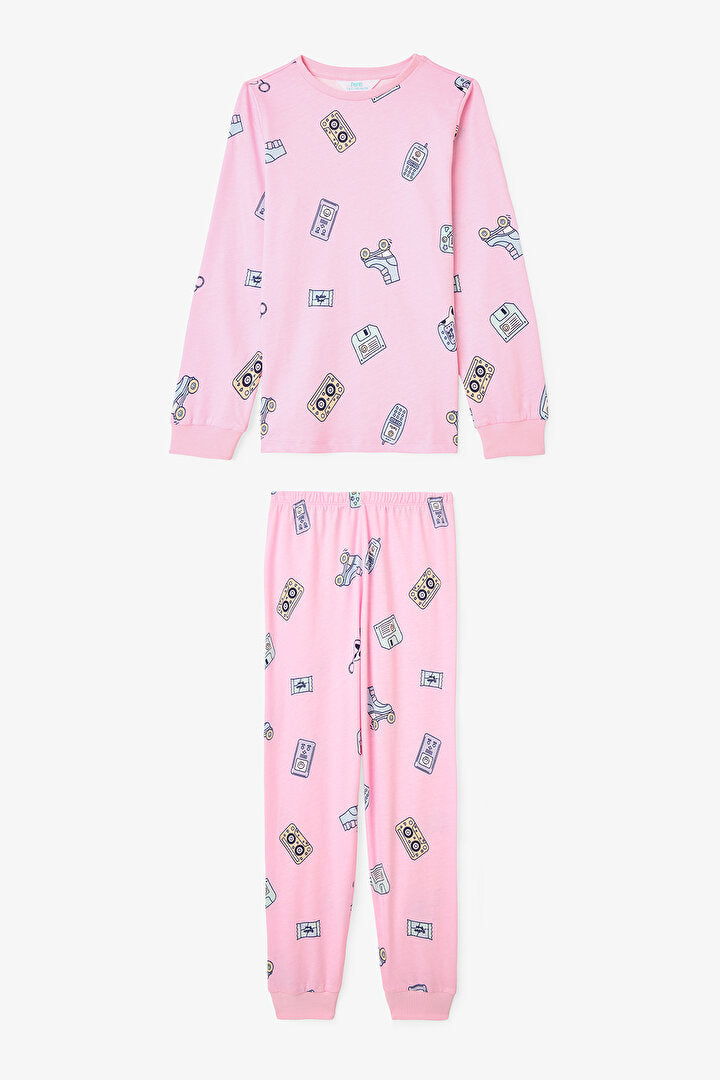 Kız Çocuk Retro Oyuncak Desenli Pamuklu Uzun Kollu 2'li Pijama Takımı