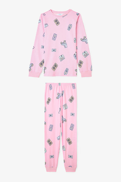 Kız Çocuk Retro Oyuncak Desenli Pamuklu Uzun Kollu 2'li Pijama Takımı