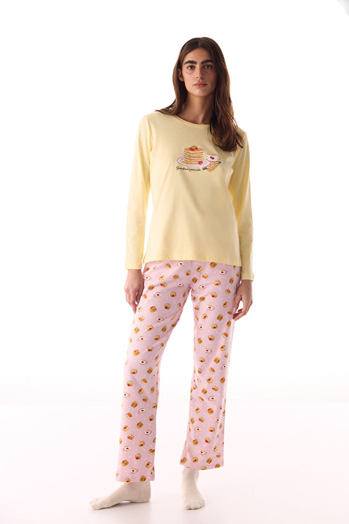 Renkli Breakfast Pantolon Pijama Takımı