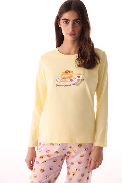 Renkli Breakfast Pantolon Pijama Takımı