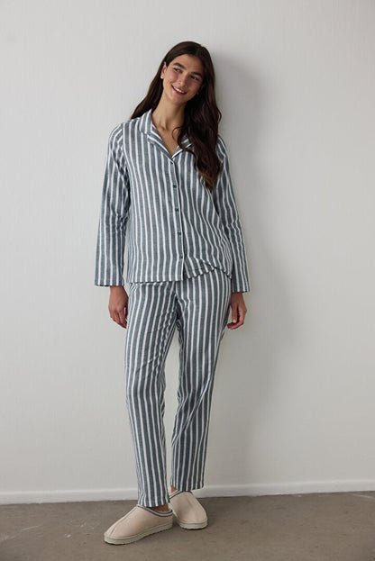 Koyu Yeşil Lazy Morning Çizgili Pamuklu Gömlek Yaka Pijama Takımı