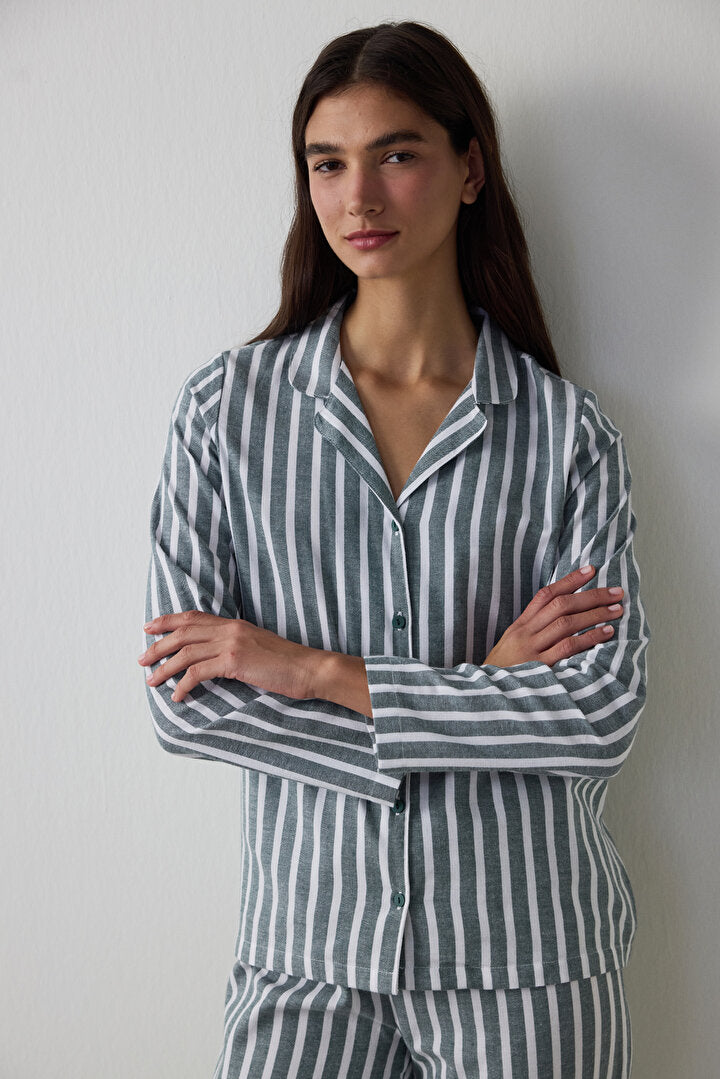 Koyu Yeşil Lazy Morning Çizgili Pamuklu Gömlek Yaka Pijama Takımı