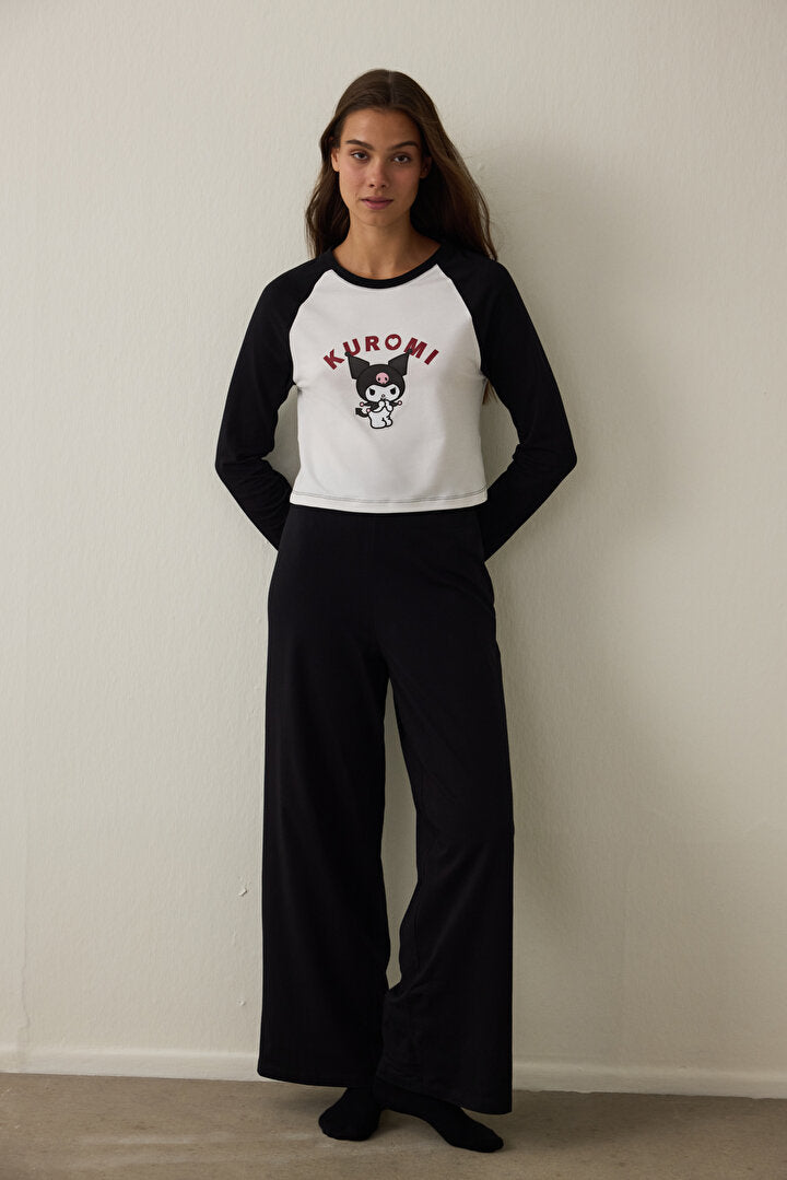 Kırık Beyaz Kuromi Baskılı Kayık Yaka Pamuklu Uzun Kollu Pijama Takımı