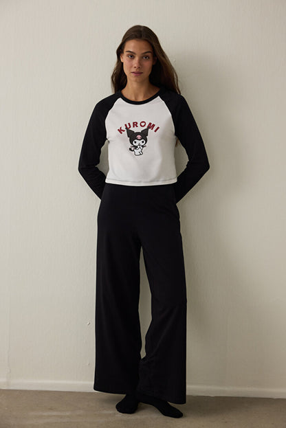 Kırık Beyaz Kuromi Baskılı Kayık Yaka Pamuklu Uzun Kollu Pijama Takımı