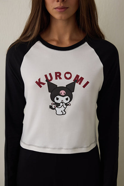 Kırık Beyaz Kuromi Baskılı Kayık Yaka Pamuklu Uzun Kollu Pijama Takımı