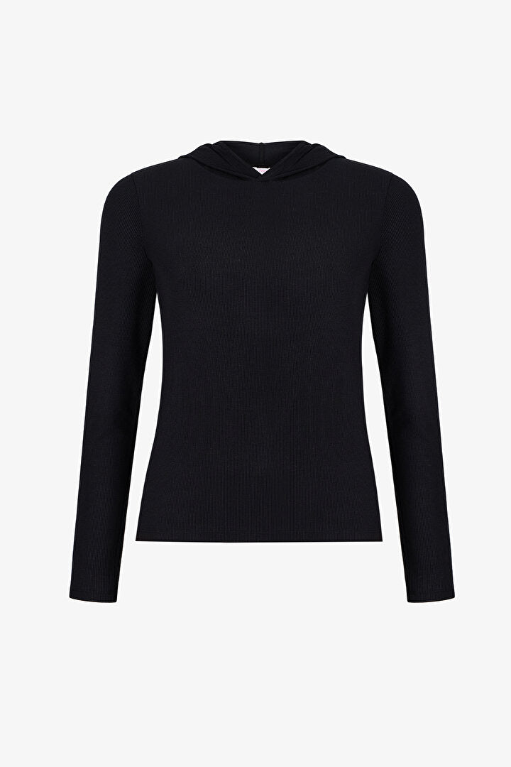 Siyah Hooded Ribbed Modal Sweatshirt