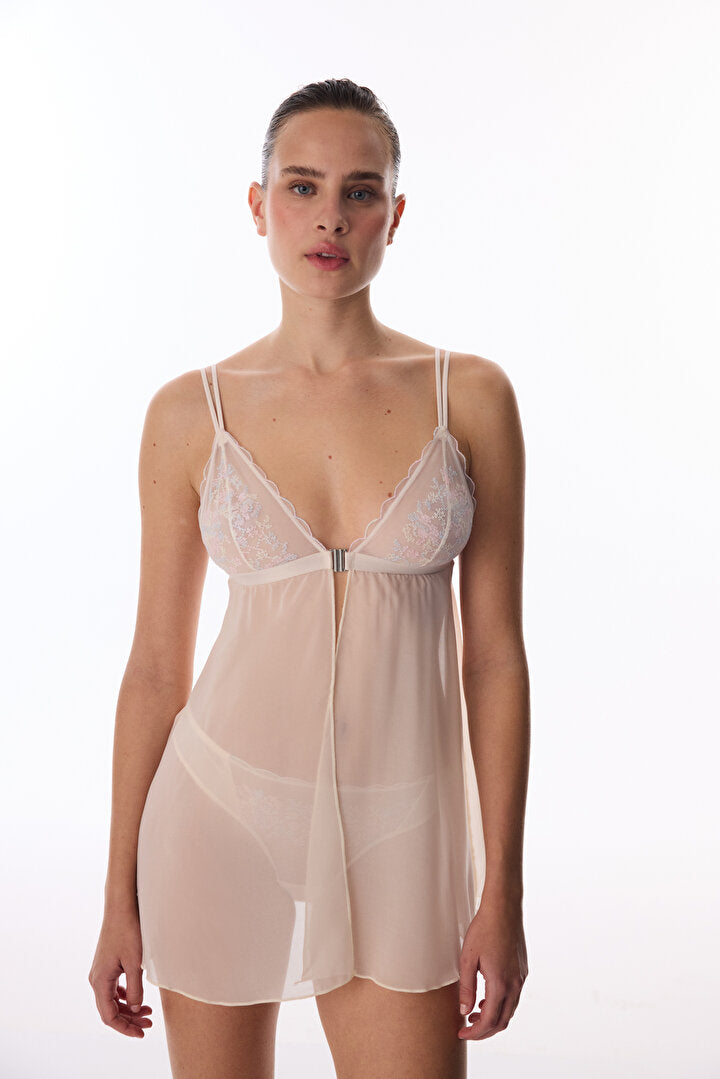 Bej Front Opening Broderie Babydoll