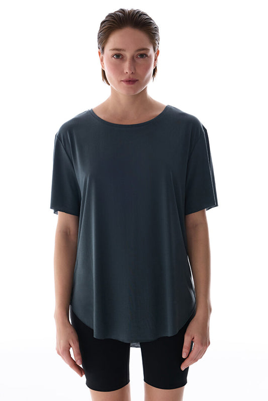 Gri Bisiklet Yaka Oversize Modal T-shirt