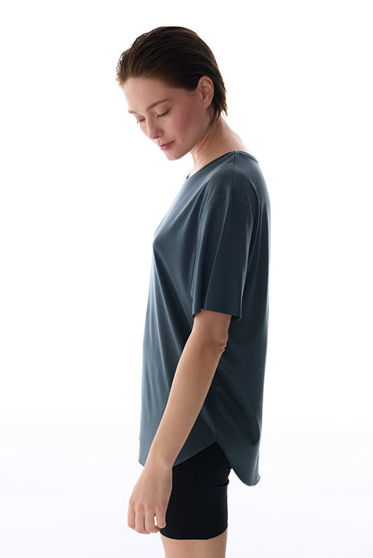 Gri Bisiklet Yaka Oversize Modal T-shirt