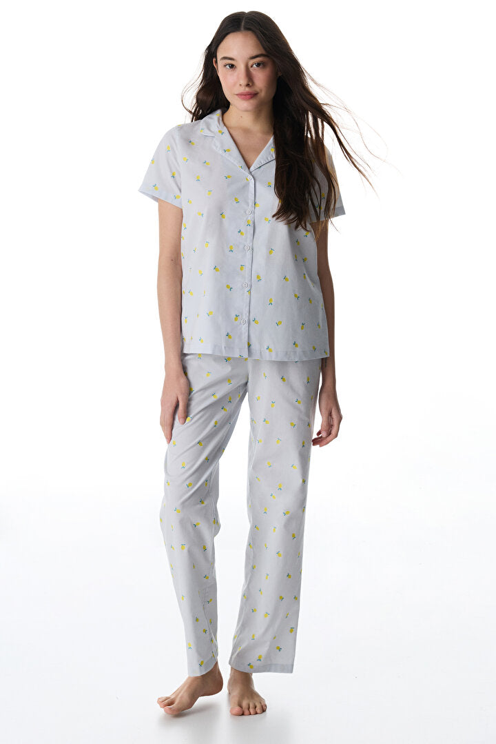 Açık Mavi Lemons Gömlek Pantolon Pijama Takımı