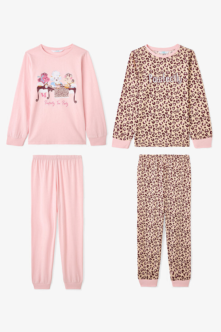 Kız Çocuk Pawfectly Leopar Desenli Pamuklu 2'li Uzun Kollu Pijama Takımı