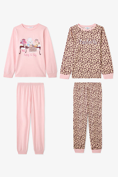Kız Çocuk Pawfectly Leopar Desenli Pamuklu 2'li Uzun Kollu Pijama Takımı